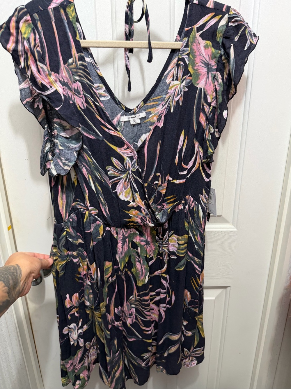 O'Neill Black Floral Mini Dress with Pink & Green Accents